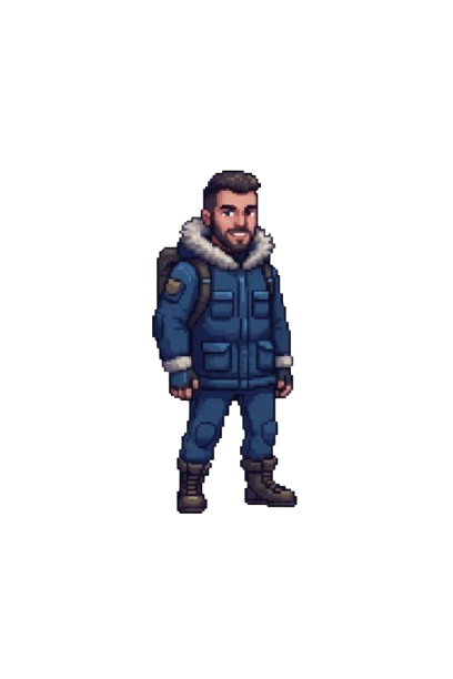 An explorer character standing on the mountain